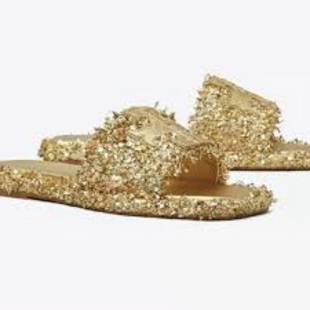 New in box Tory Burch double t sport slide tinsel in gold sz 8